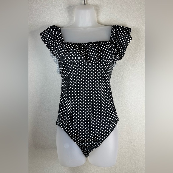 J. Crew Black White Polka Dot Ruffle Sleeve Off Shoulder One‎ Piece Swimsuit 8 - Picture 1 of 9